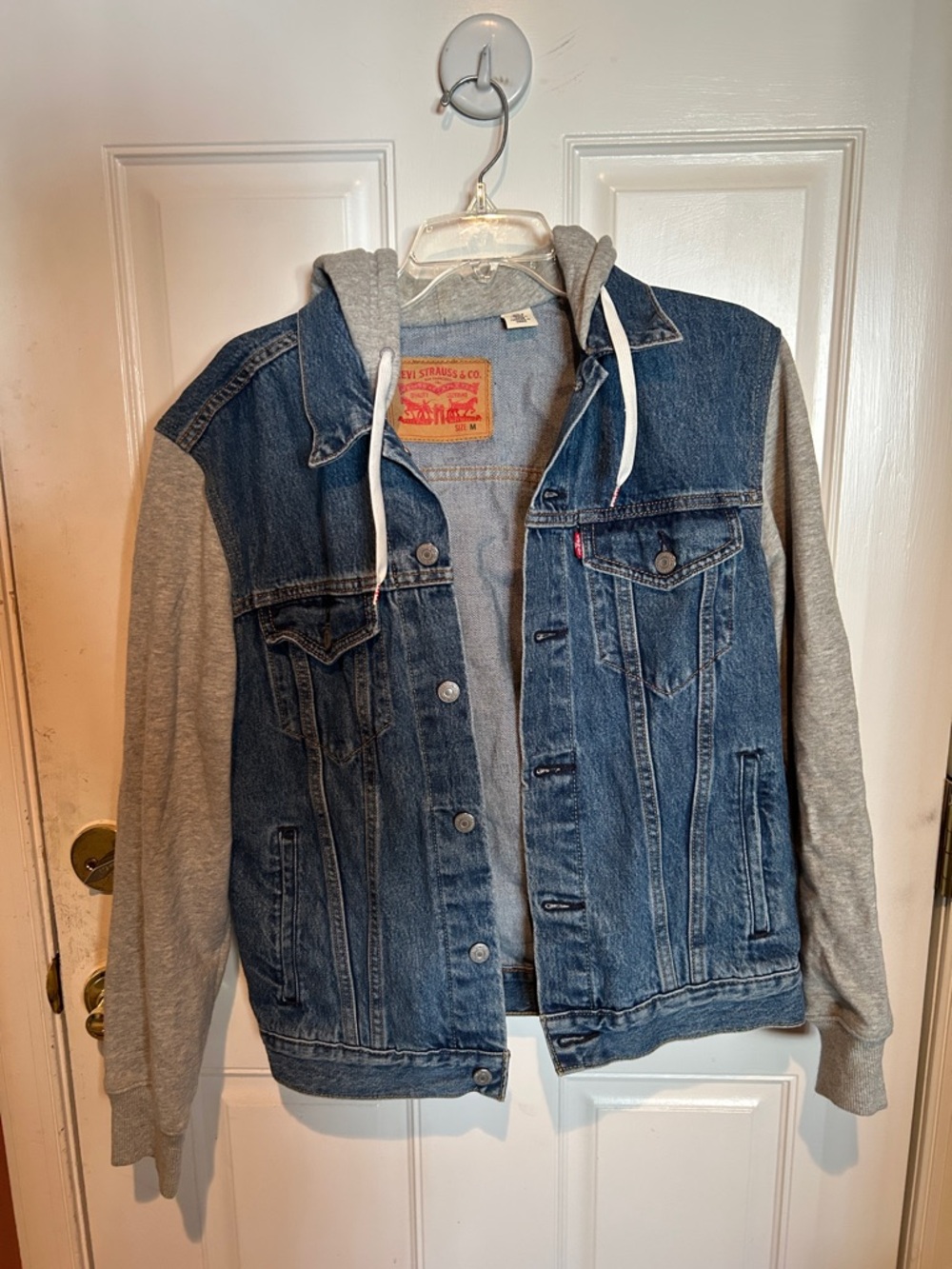 Levi's Blue Denim Jacket with Gray Hoodie Sleeves